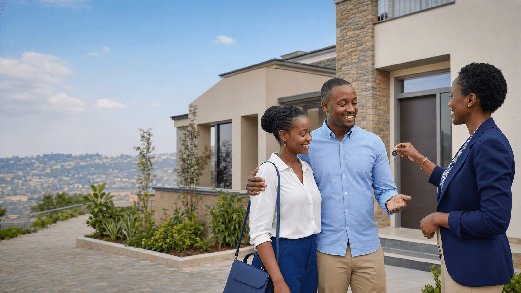 Happy homeowners receiving house keys from a real estate professional in Rwanda